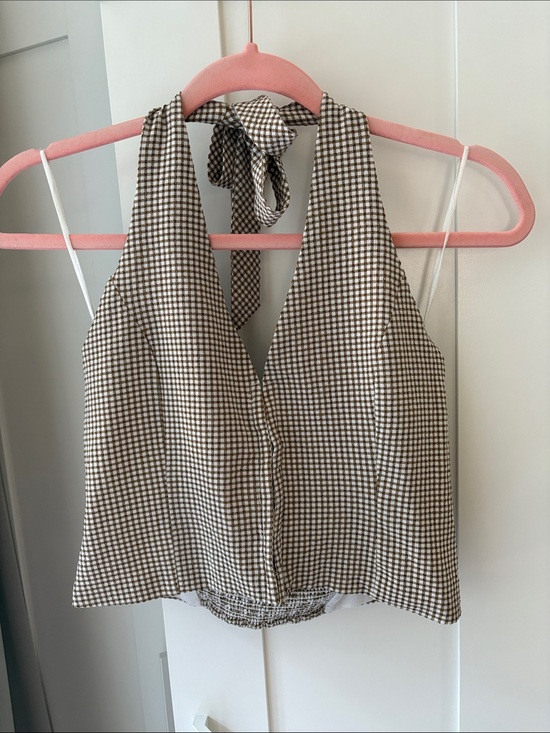 OAK + FORT Tops - OAK + FORT Brown Gingham Halter Crop Top
